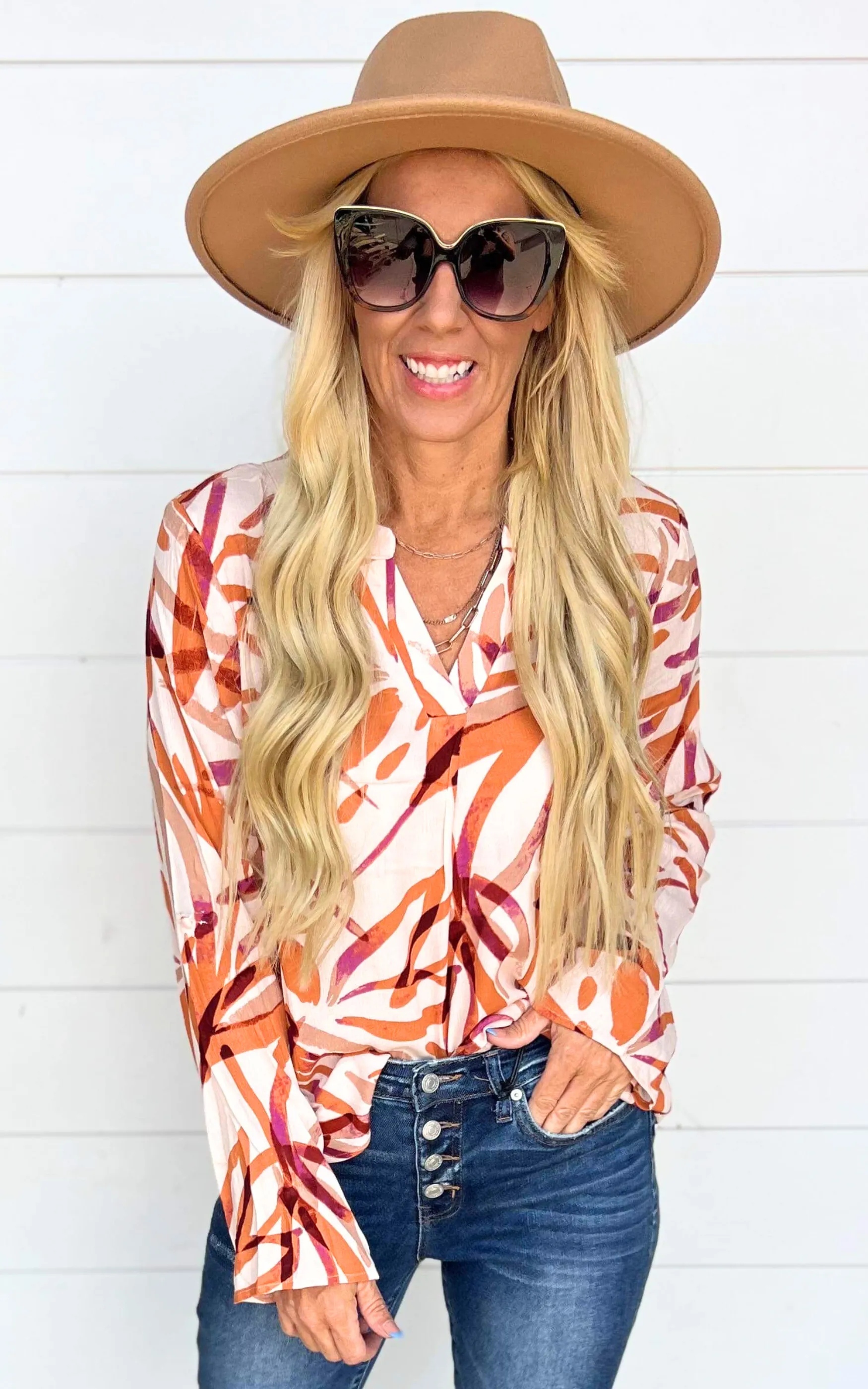 Shades of Rust Printed Button Down Blouse Top - Final Sale