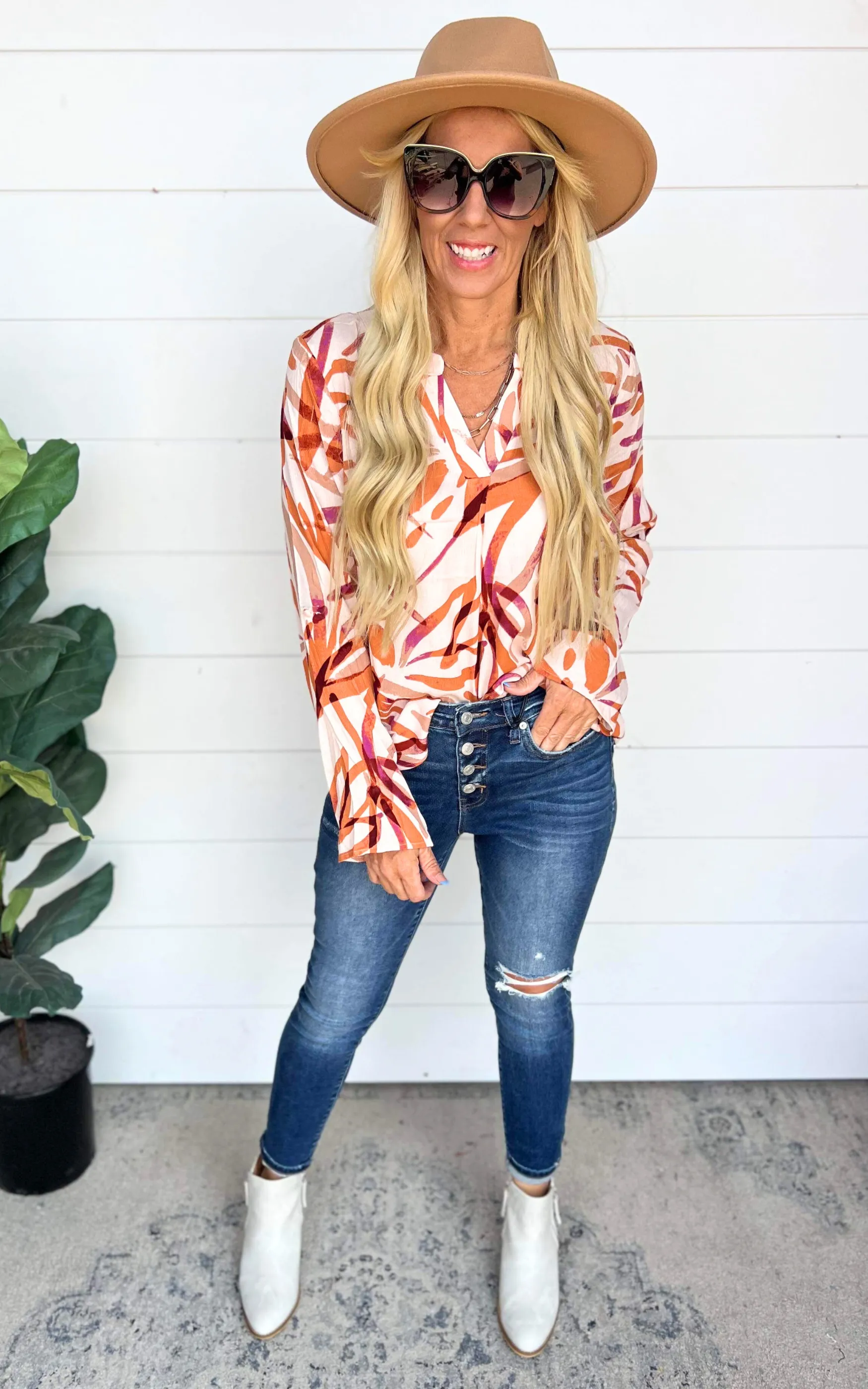 Shades of Rust Printed Button Down Blouse Top - Final Sale