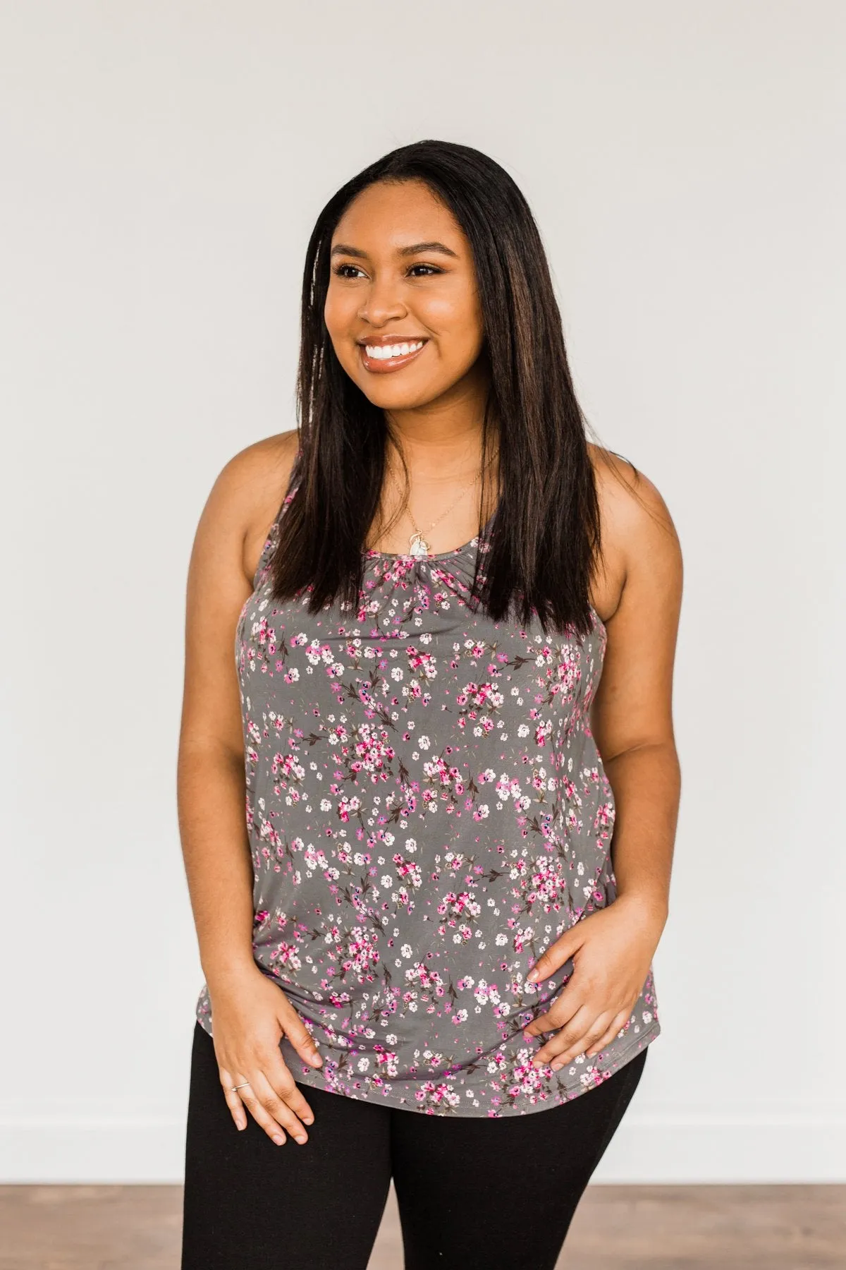 Shared Moments Floral Tank Top- Charcoal & Pink