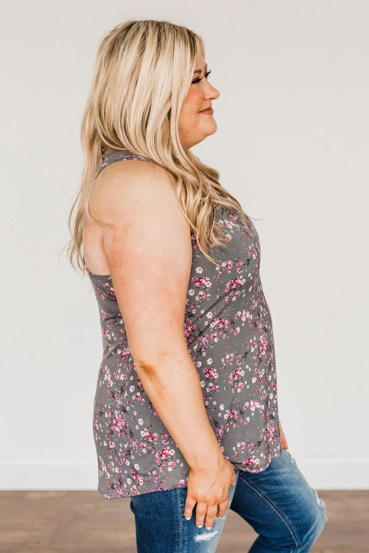 Shared Moments Floral Tank Top- Charcoal & Pink