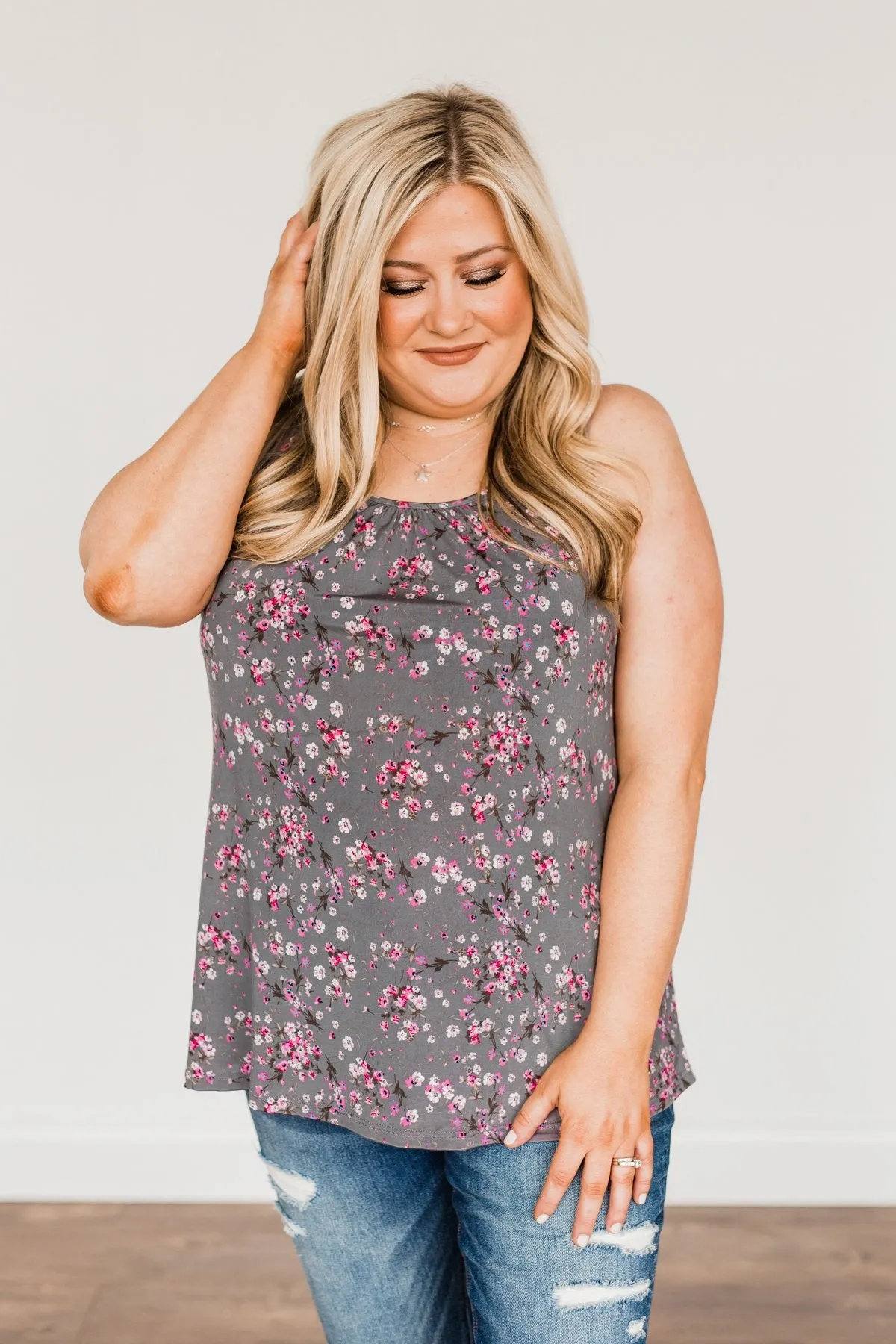Shared Moments Floral Tank Top- Charcoal & Pink