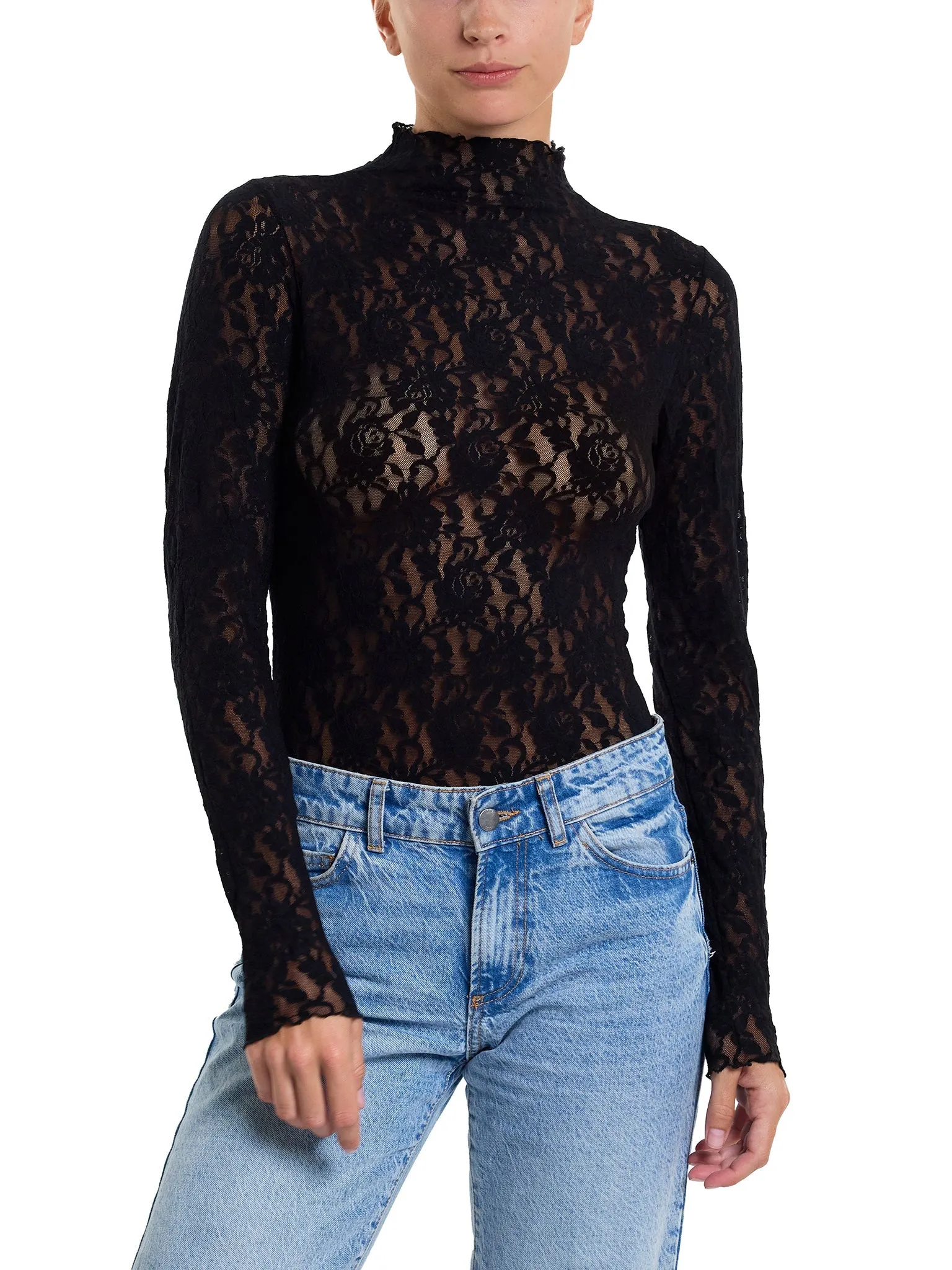 Signature Lace Mock Neck Bodysuit Black Sale