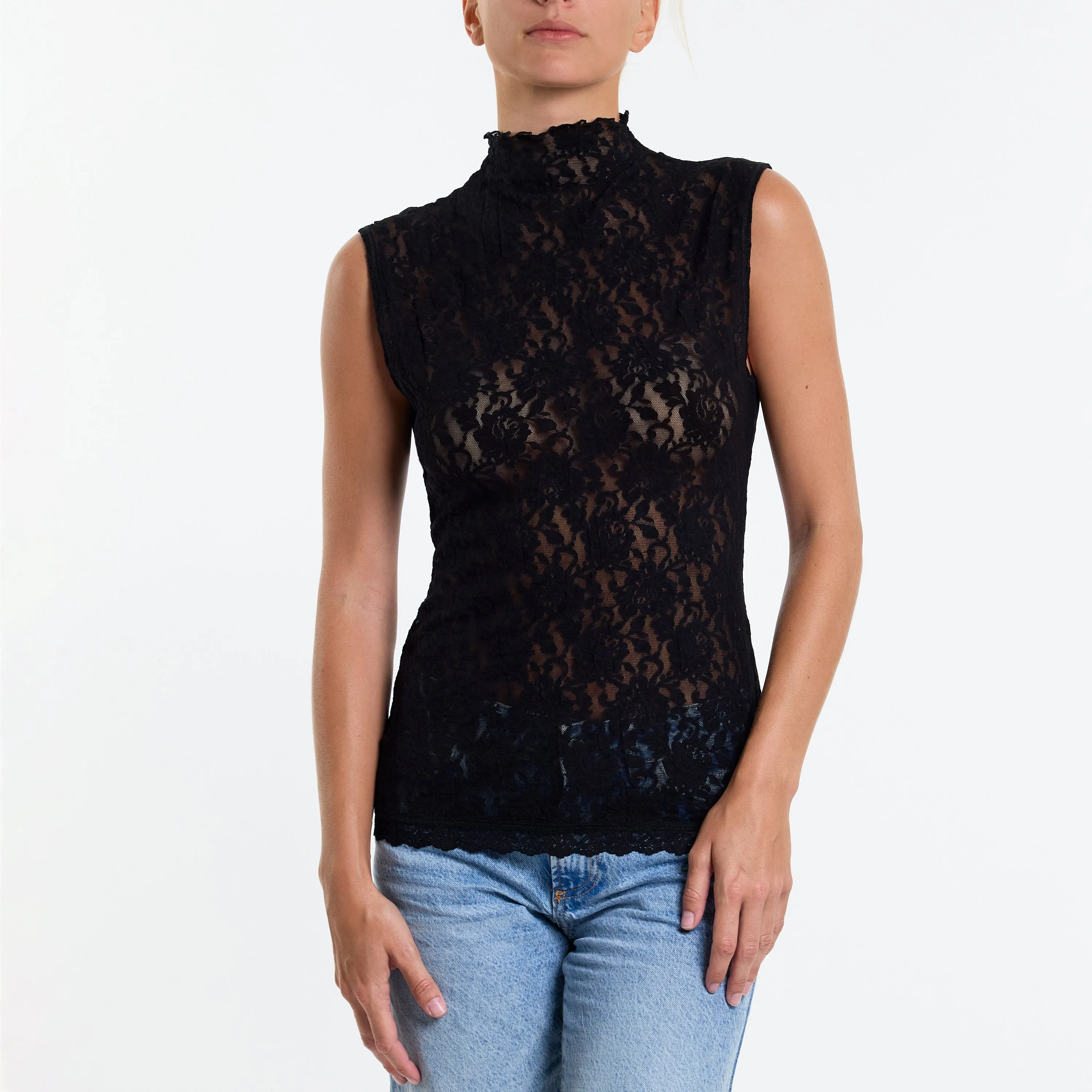 Signature Lace Mock Neck Top Black Sale