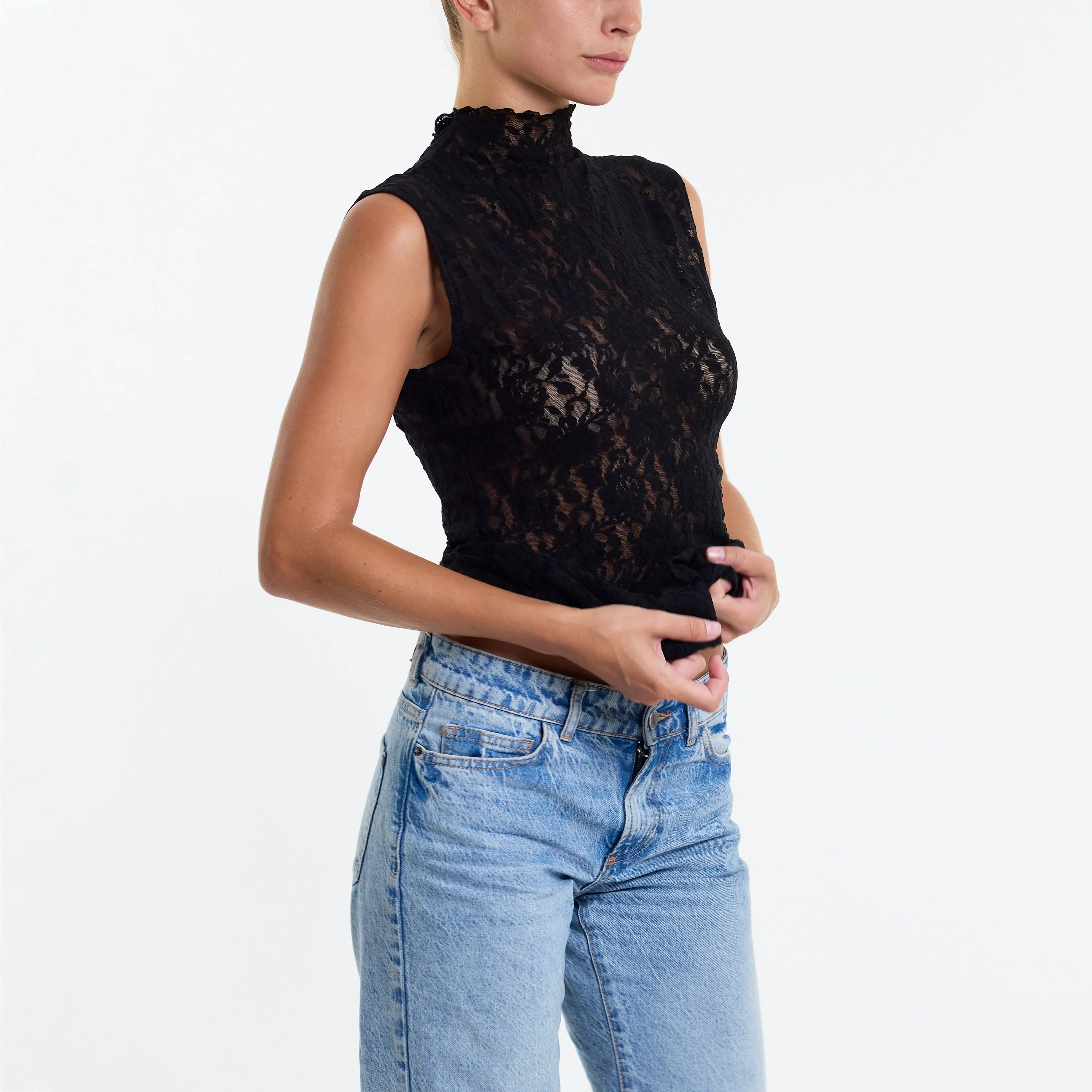 Signature Lace Mock Neck Top Black Sale