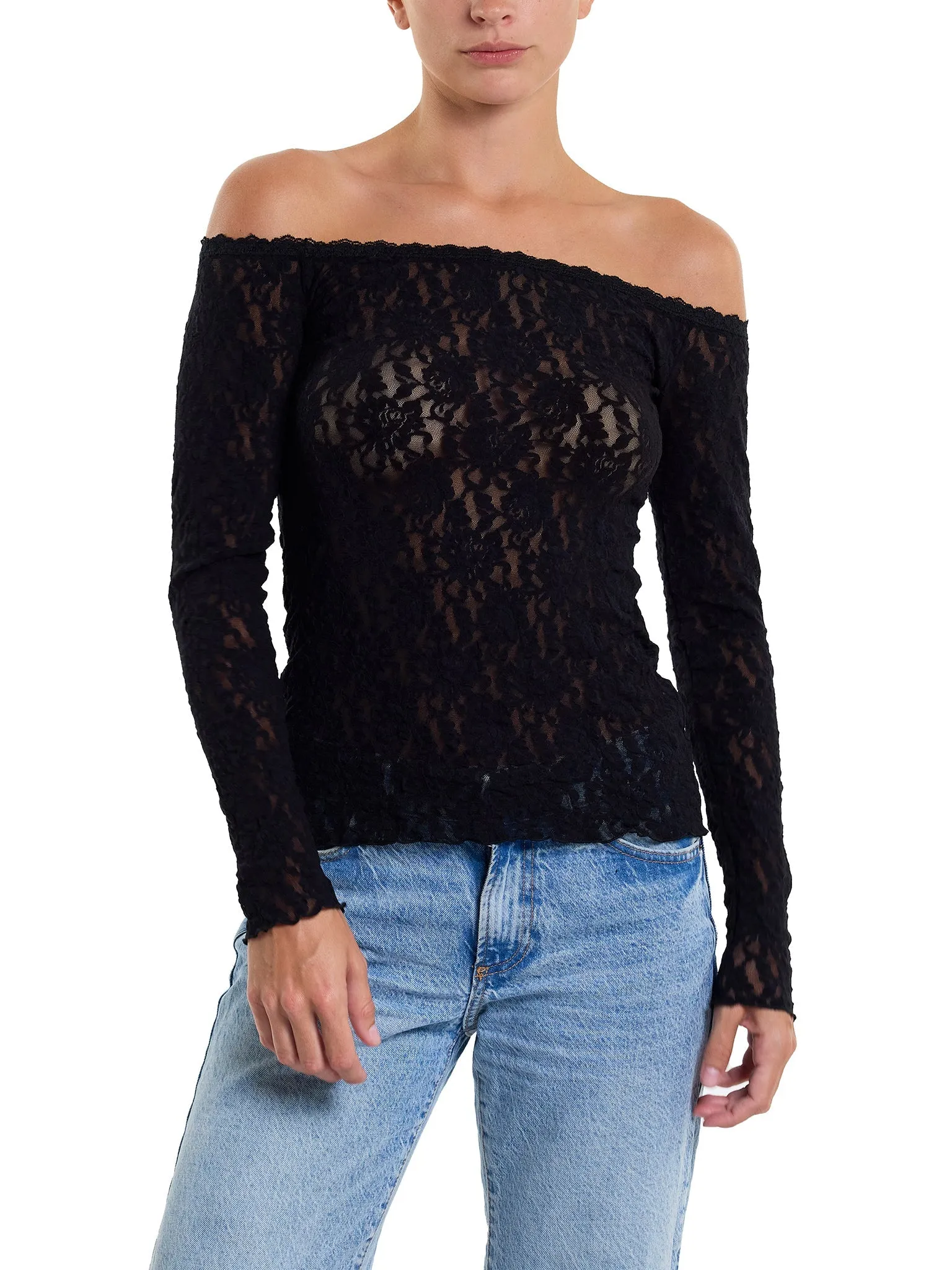 Signature Lace Off The Shoulder Long Sleeve Top Black Sale