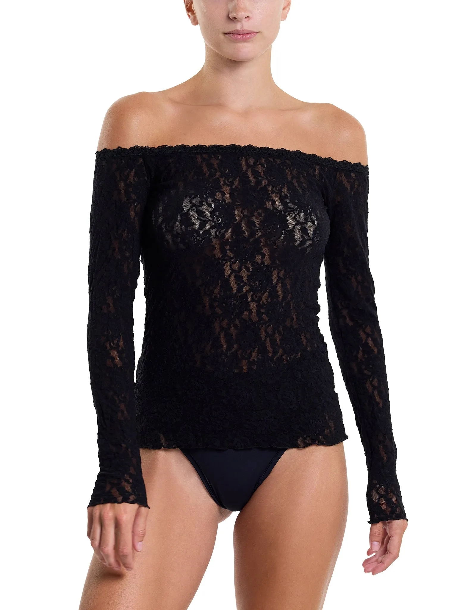 Signature Lace Off The Shoulder Long Sleeve Top Black Sale