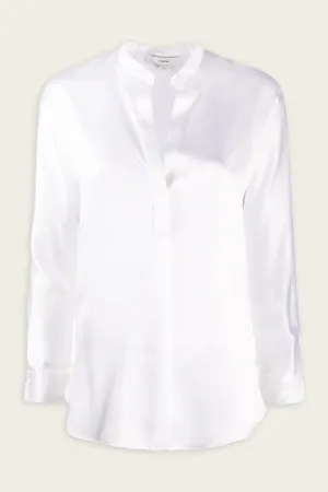 Silk Satin Band-Collar Blouse in Optic White