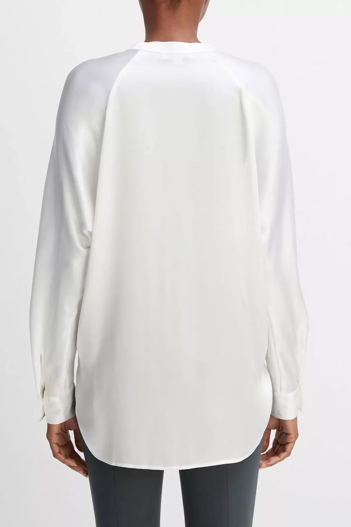Silk Satin Band-Collar Blouse in Optic White
