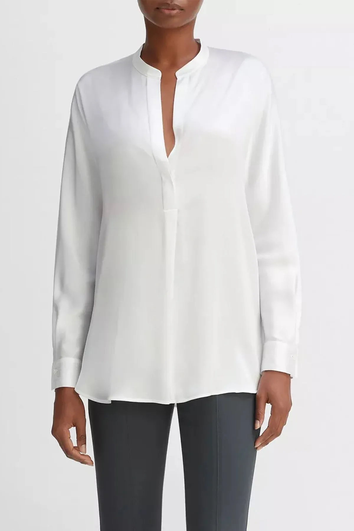 Silk Satin Band-Collar Blouse in Optic White