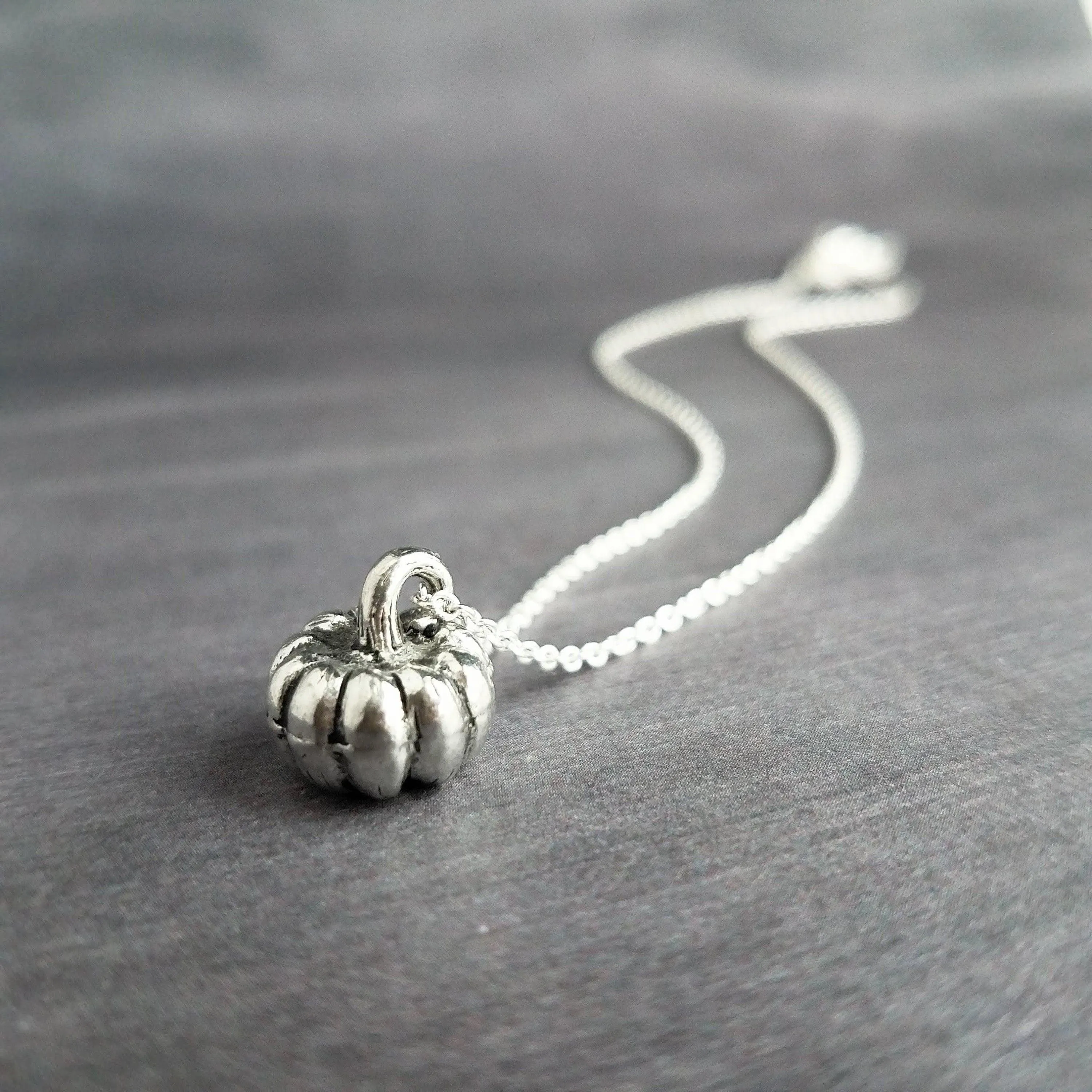 Silver Pumpkin Necklace, antique silver Halloween necklace, fall necklace, pumpkin pendant, small pumpkin charm, silver jack o lantern