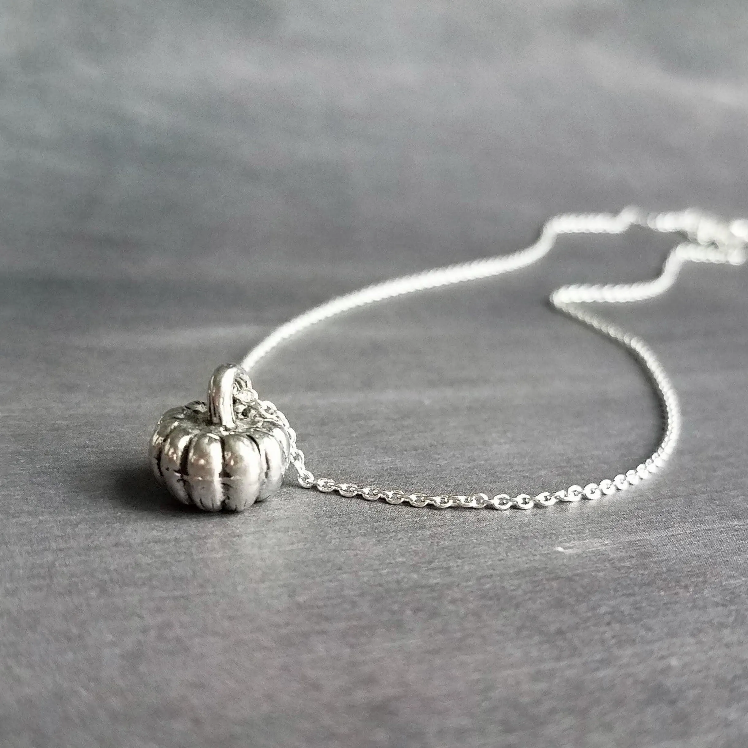 Silver Pumpkin Necklace, antique silver Halloween necklace, fall necklace, pumpkin pendant, small pumpkin charm, silver jack o lantern