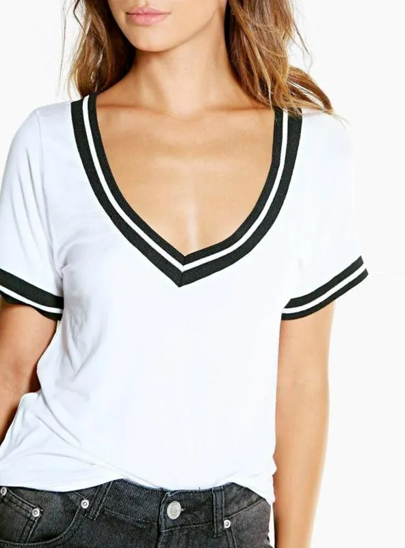 SLEEVE T-SHIRT WOMEN CASUAL COTTON V-NECK