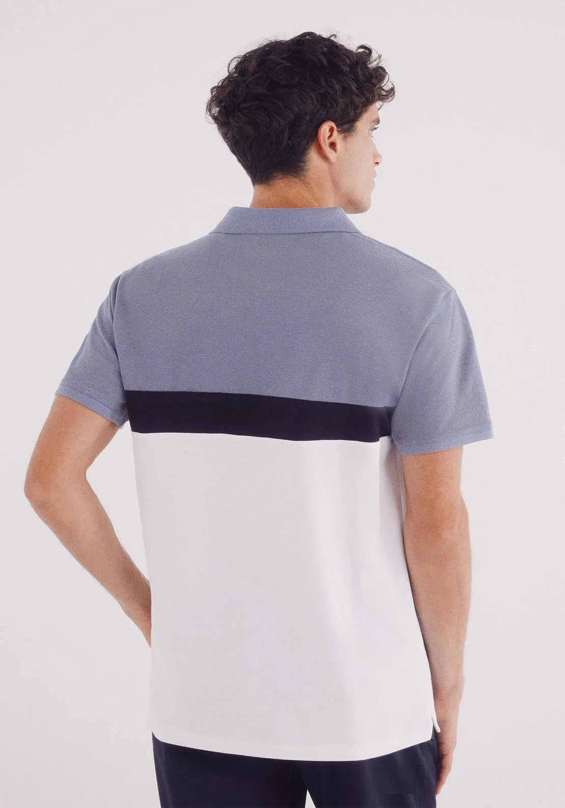 Slim Fit Color Block Piqué Polo - Blue