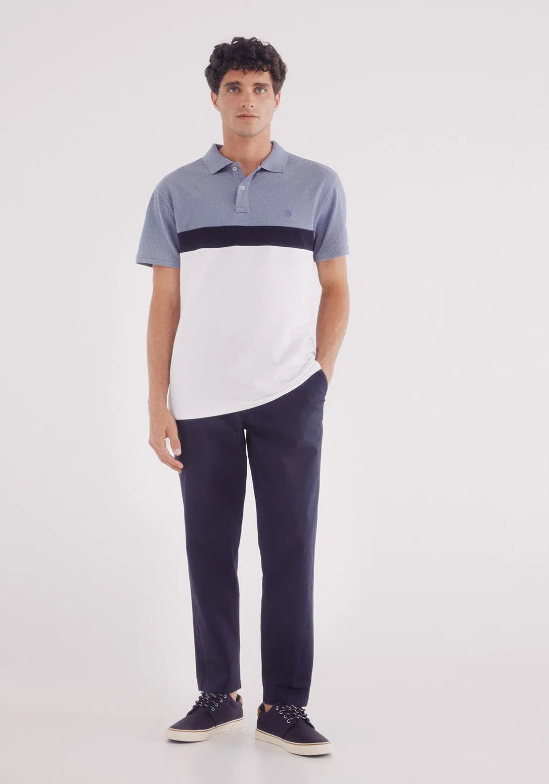 Slim Fit Color Block Piqué Polo - Blue