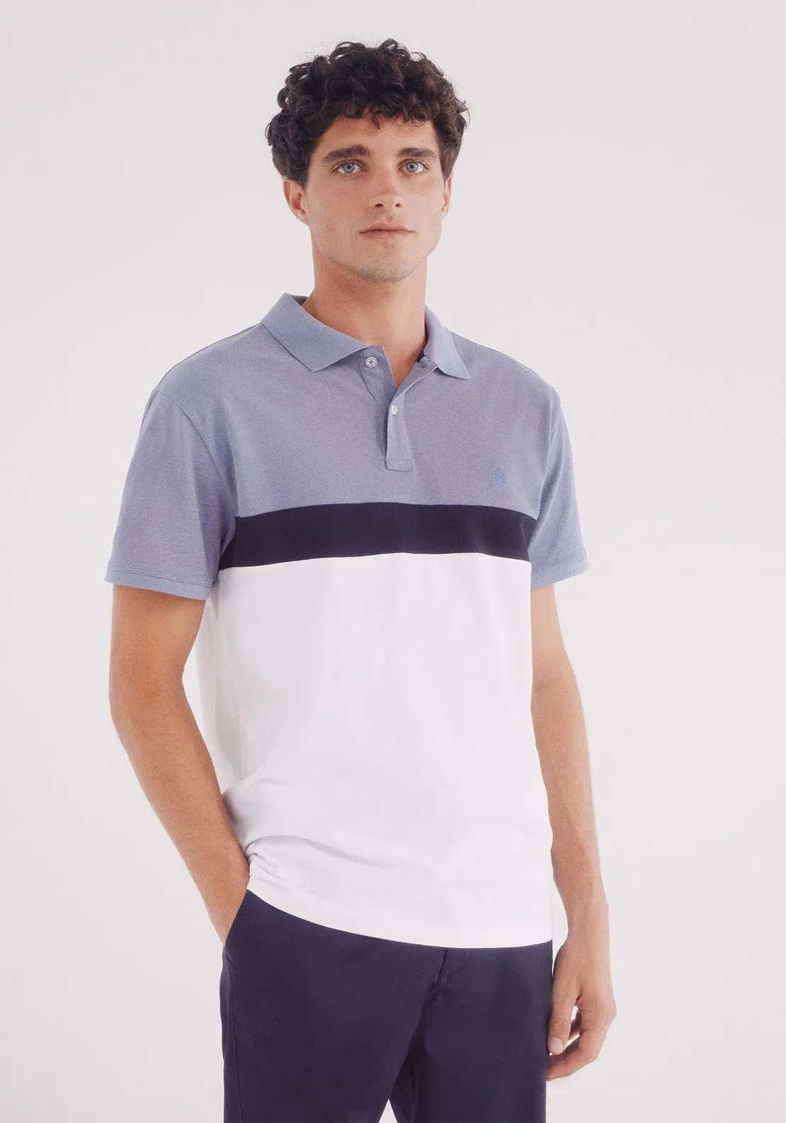 Slim Fit Color Block Piqué Polo - Blue