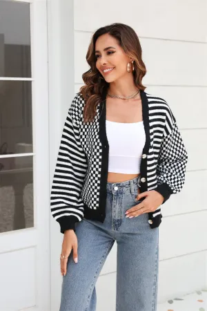 Solis Button-Down Stripe & Plaid Contrast Pattern Cardigan