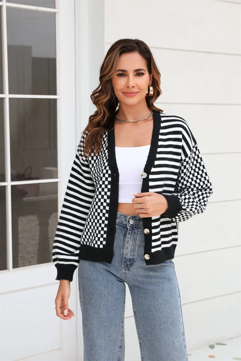 Solis Button-Down Stripe & Plaid Contrast Pattern Cardigan