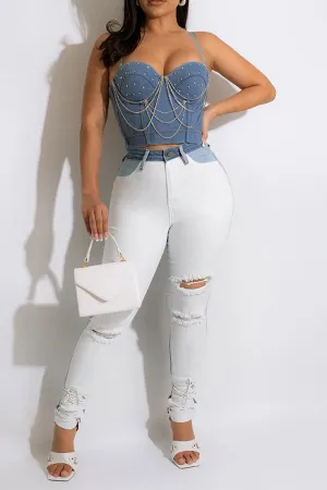 storexq Rhinestone & Chain Decor Sweet Denim Vest