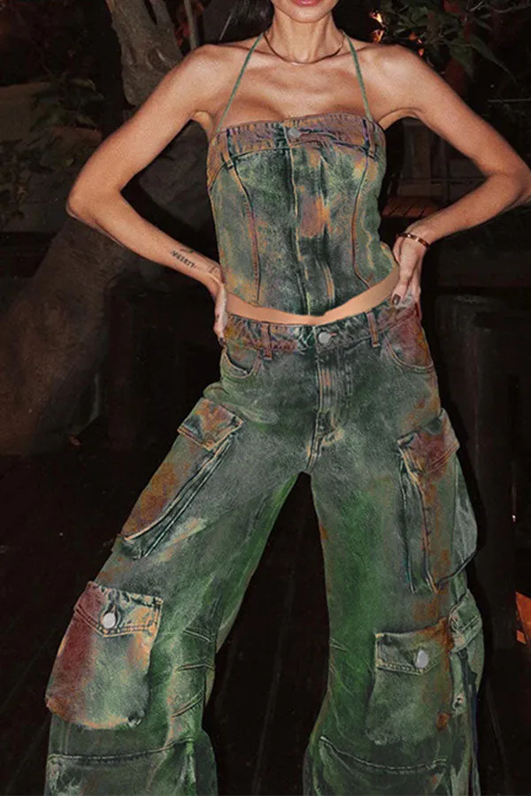 storexq Tie Dye Cool Denim Camisole & Multi Pocket Pants