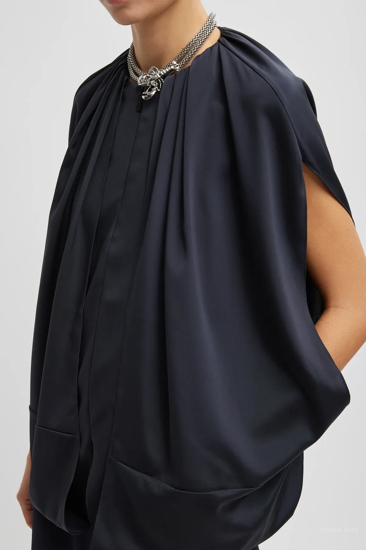 Stretch Silk Nylon Cape Top in Dark Navy