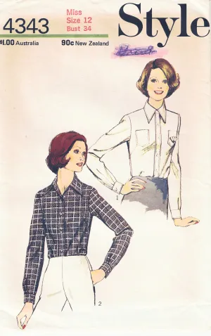 Style 4343 Womens Classic Button Front Shirt 1970s Vintage Sewing Pattern Size 12 Bust 34 inches