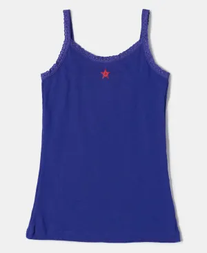 Super Combed Cotton Rib Fabric Graphic Printed Camisole with Lace Detailing - Indigo Crush