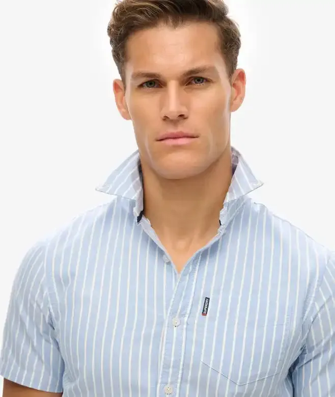 Superdry Mens Oxford Short Sleeve Shirt Broken Blue Stripe