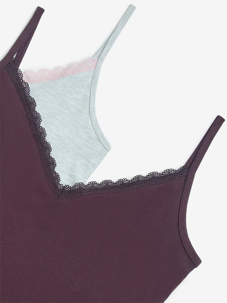 Superstar Plum Lace-Detailed Cotton-Blend Camisoles - Pack of 2