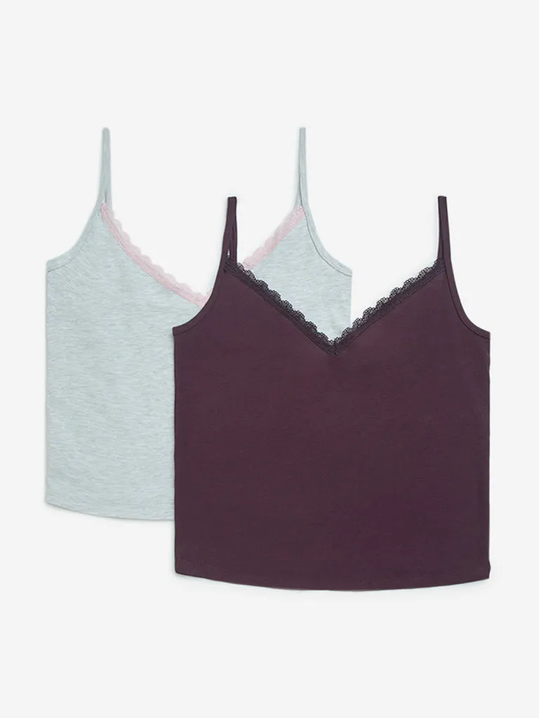 Superstar Plum Lace-Detailed Cotton-Blend Camisoles - Pack of 2