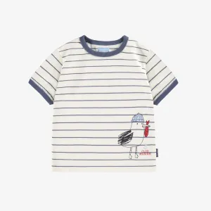 T-shirt crème et bleu à rayures et illustration, bébé || Cream and blue T-shirt with stripes and illustration, baby