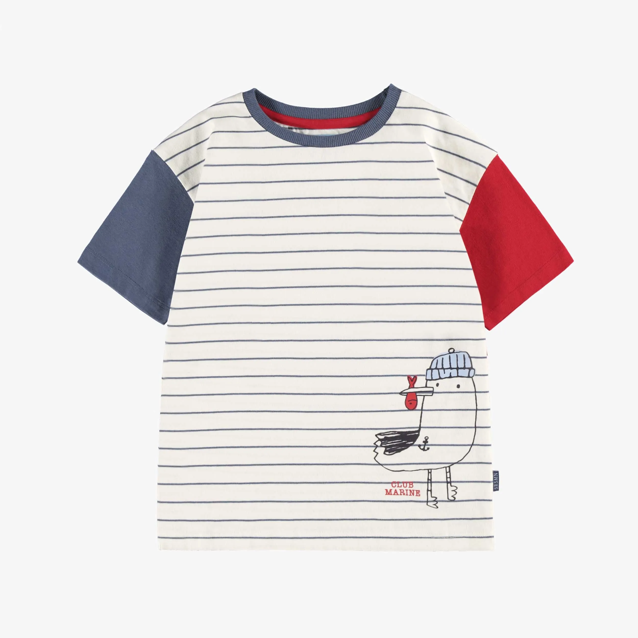 T-shirt crème et bleu à rayures et illustration, enfant || Cream T-shirt with blue stripes and illustration, child