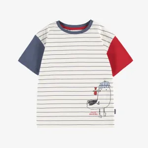 T-shirt crème et bleu à rayures et illustration, enfant || Cream T-shirt with blue stripes and illustration, child