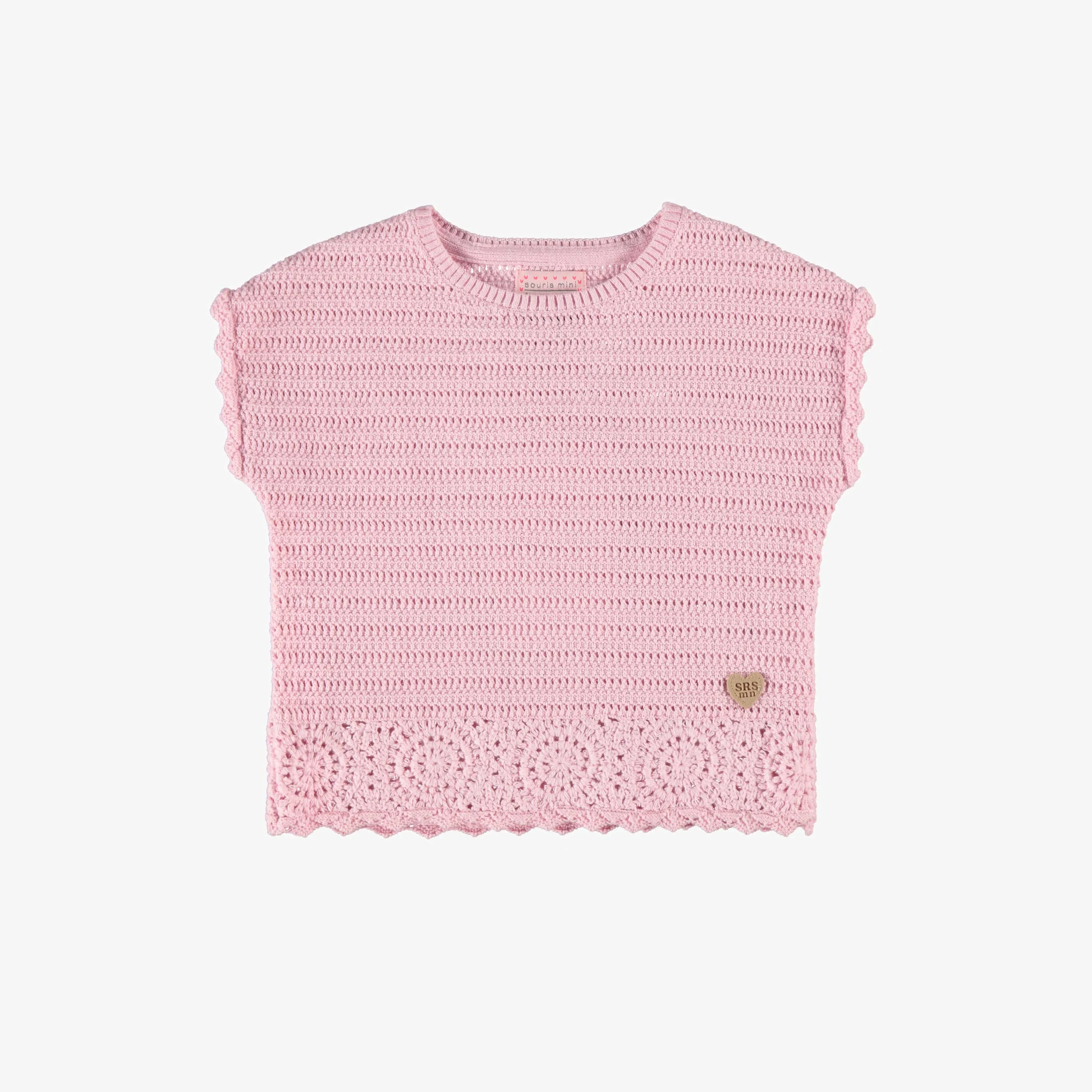T-shirt rose en maille à détails ajourés de fleurs, bébé || Pink knitted t-shirt with openwork flower detail, baby