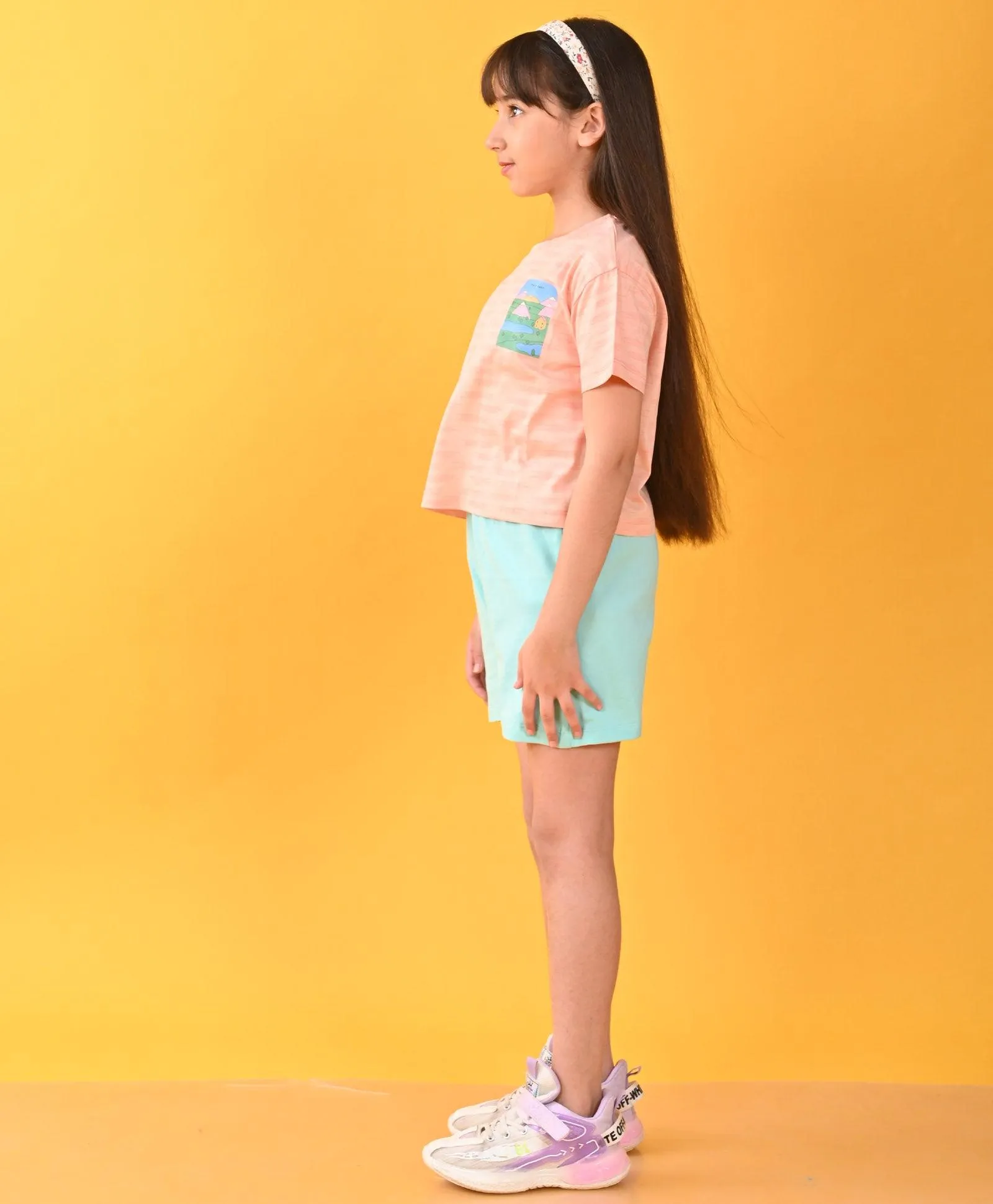 TAKE IT EASY PEACH AQUA SUMMER GIRLS SHORTS SET - PEACH/AQUA
