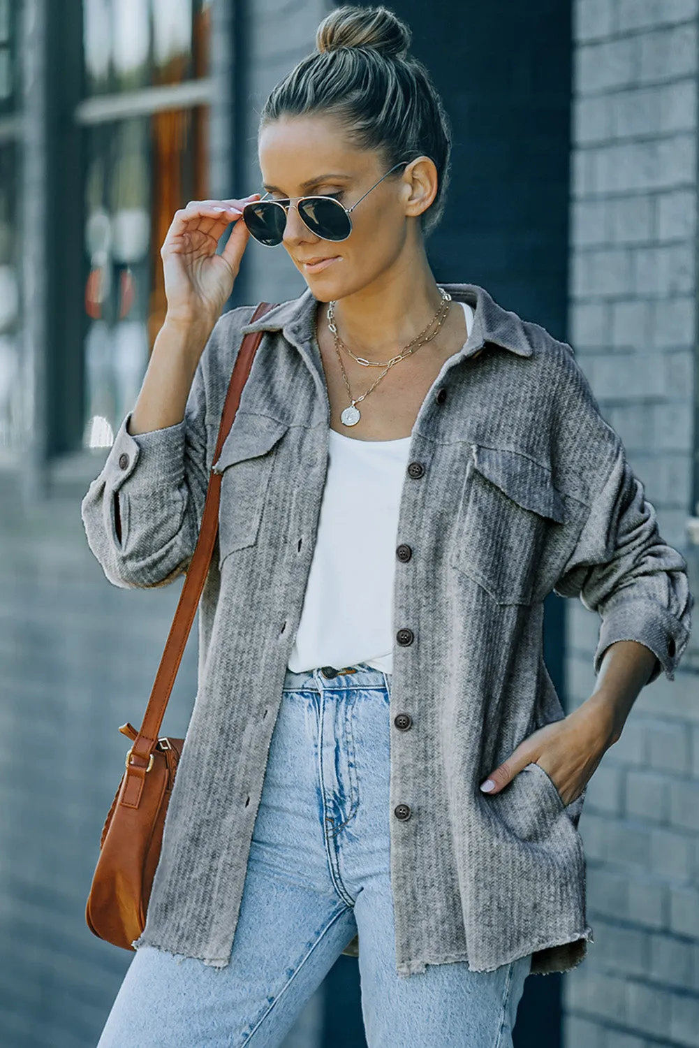 Textured Button Women Shirt Jacket