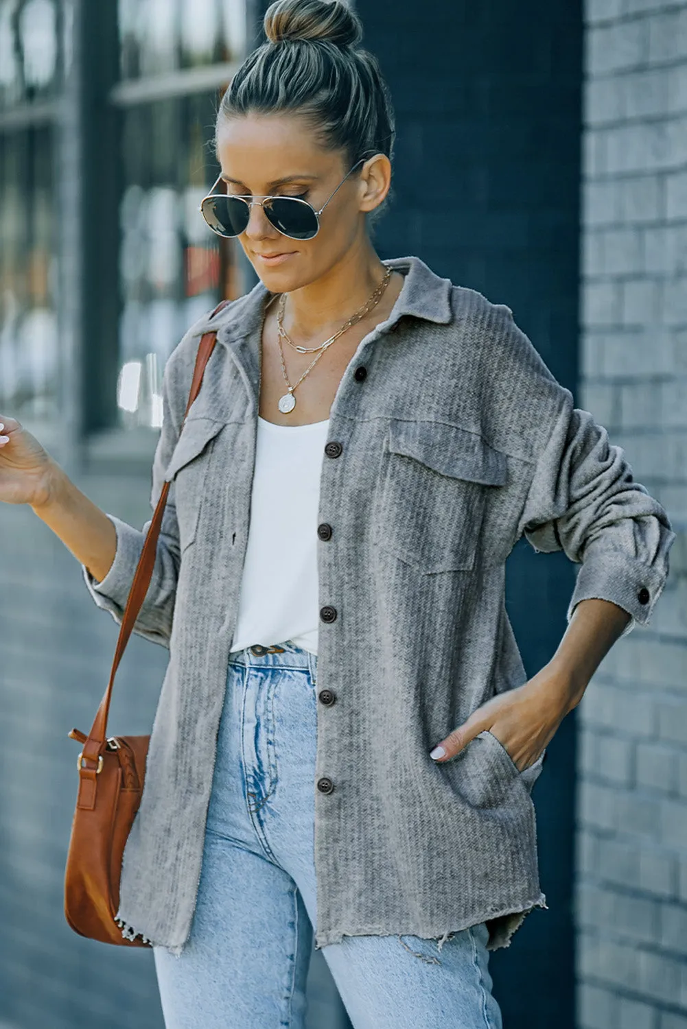 Textured Button Women Shirt Jacket
