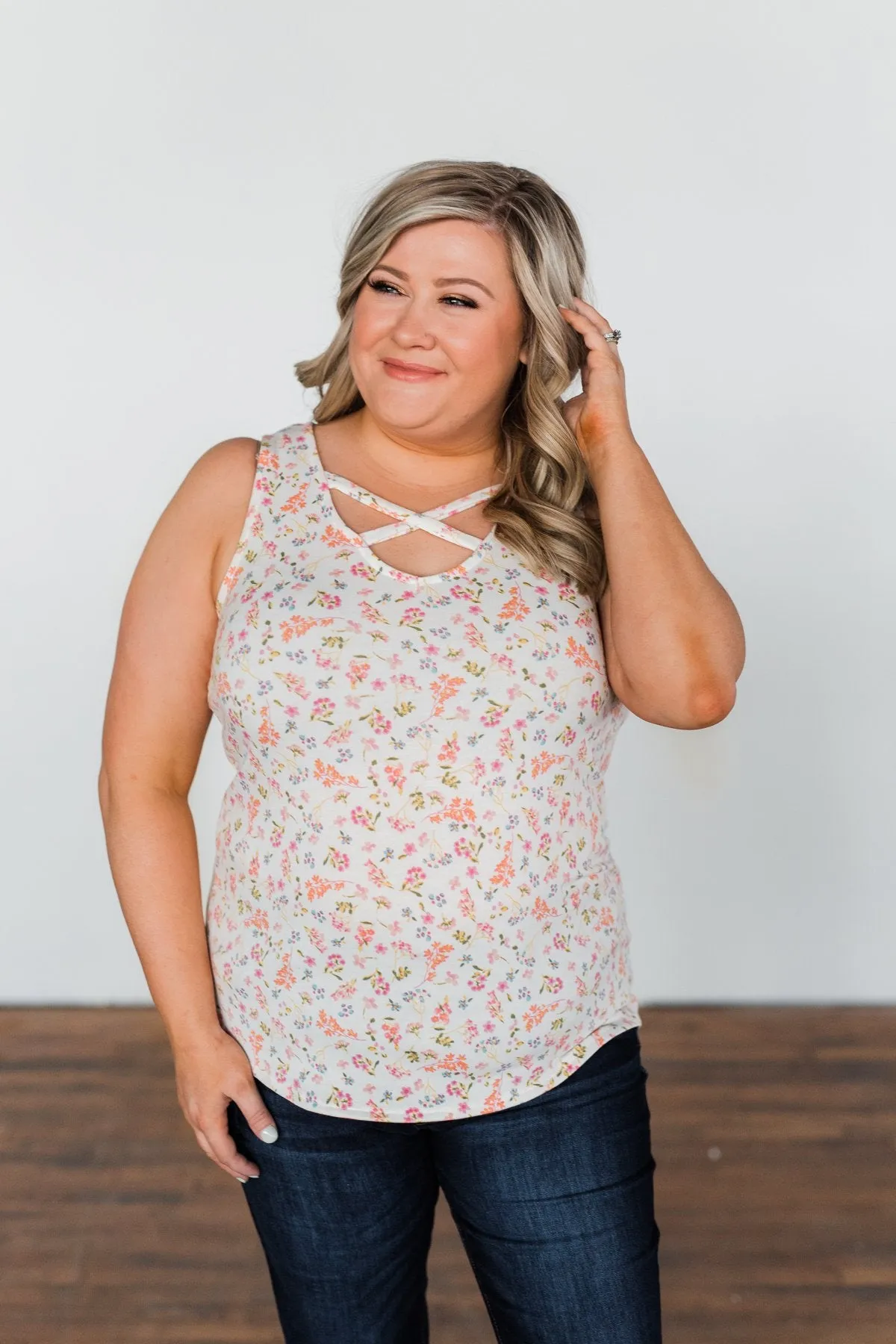 Travel Back In Time Floral Criss Cross Tank Top- Ivory