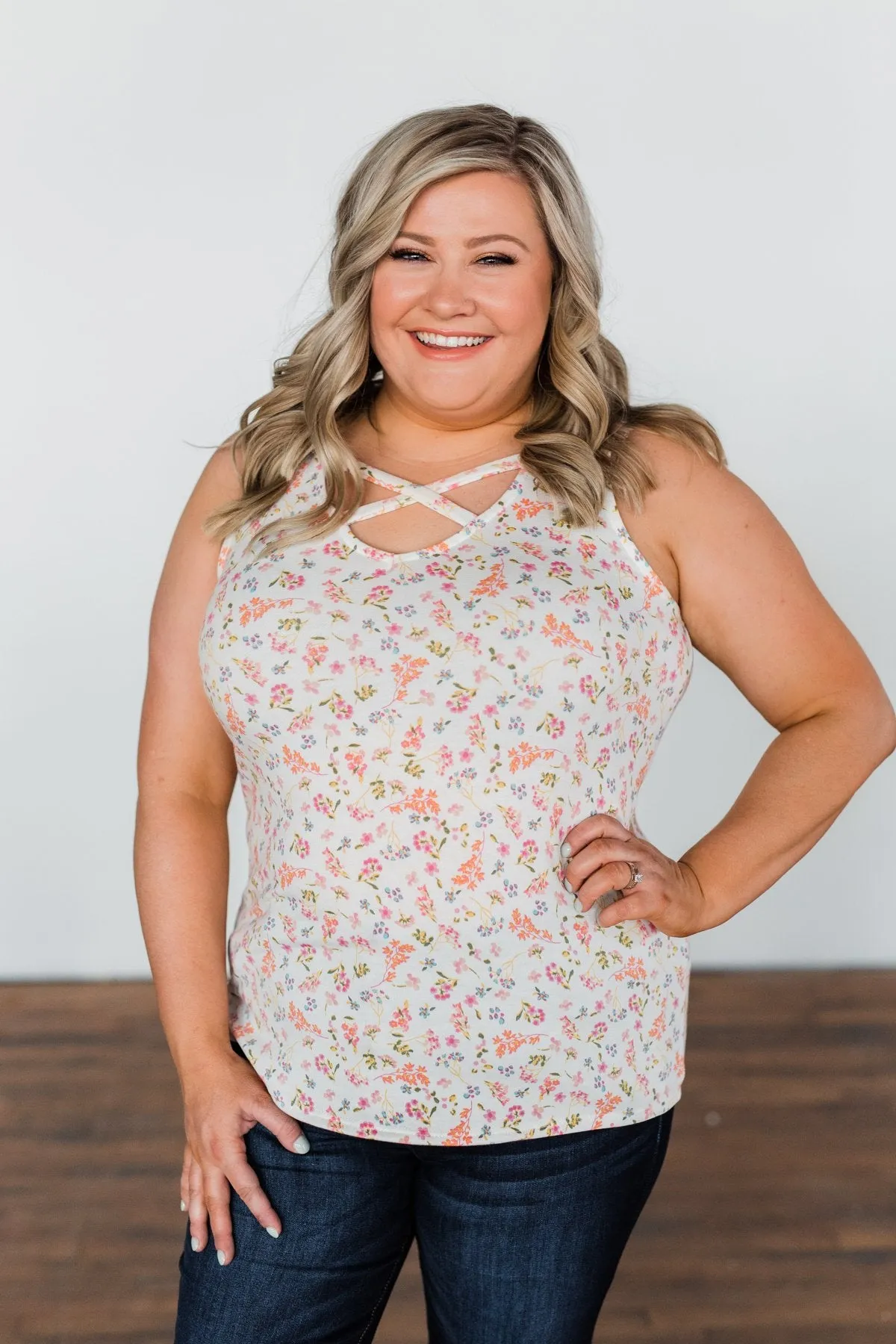 Travel Back In Time Floral Criss Cross Tank Top- Ivory