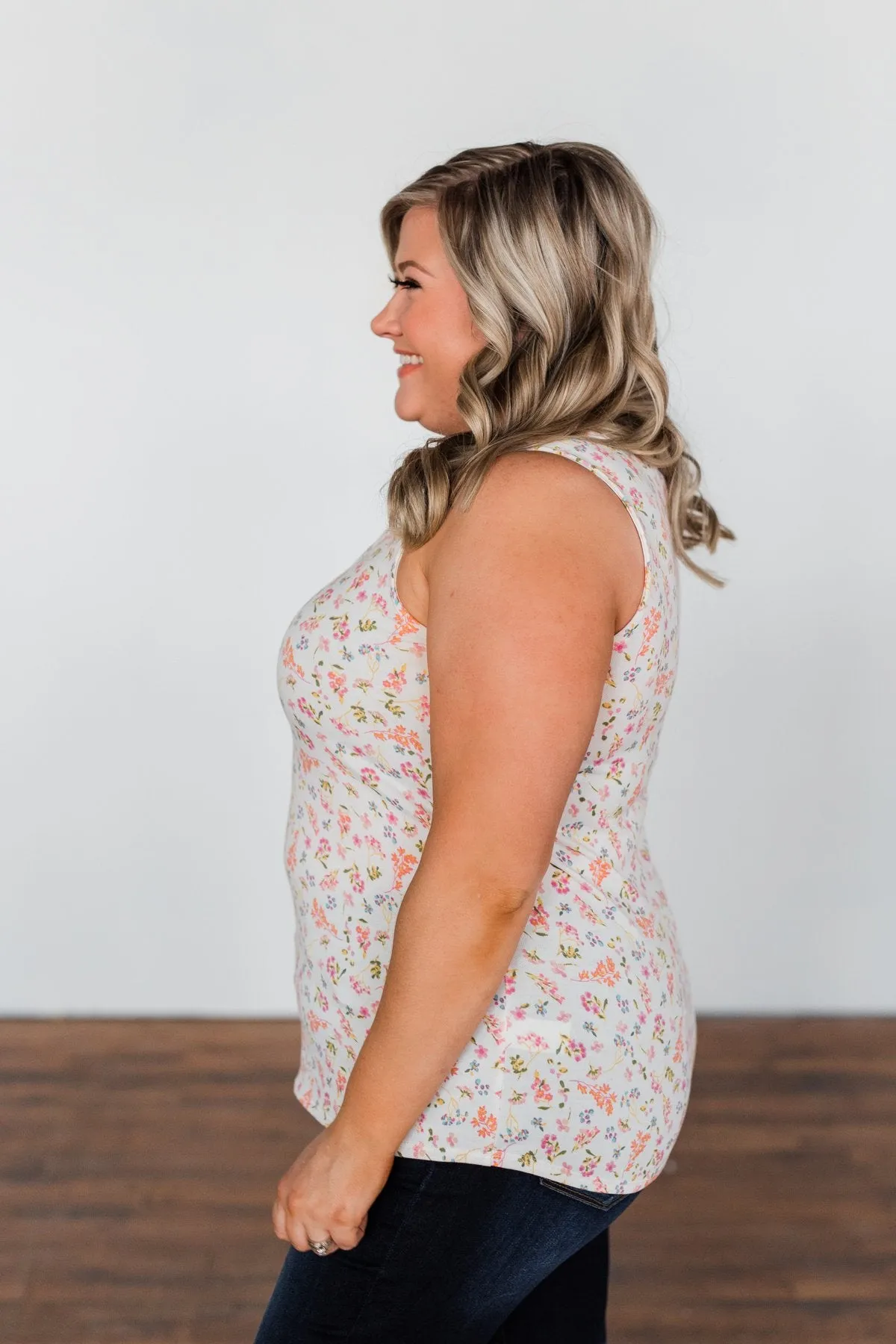 Travel Back In Time Floral Criss Cross Tank Top- Ivory
