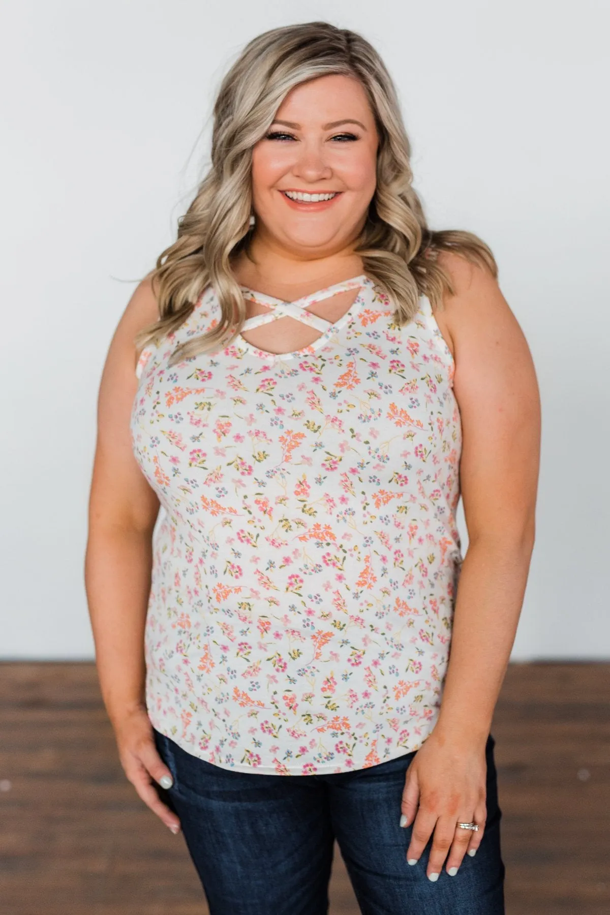 Travel Back In Time Floral Criss Cross Tank Top- Ivory