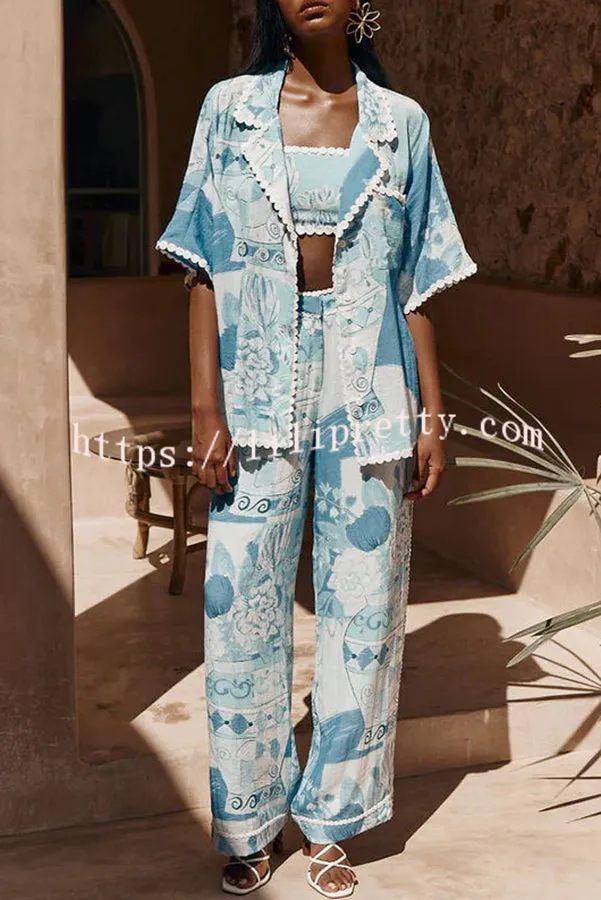 Tyra Ric Rac Trims Unique Print Pocket Button Down Loose Blouse