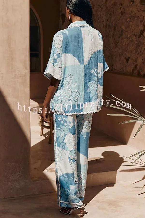 Tyra Ric Rac Trims Unique Print Pocket Button Down Loose Blouse