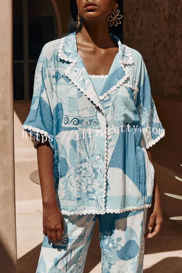 Tyra Ric Rac Trims Unique Print Pocket Button Down Loose Blouse
