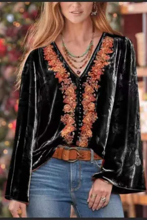 V Neck Ethnic Style Blouse