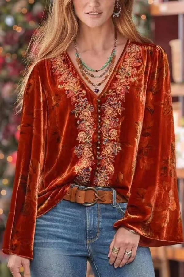 V Neck Ethnic Style Blouse
