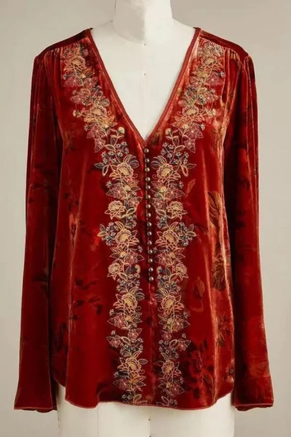 V Neck Ethnic Style Blouse