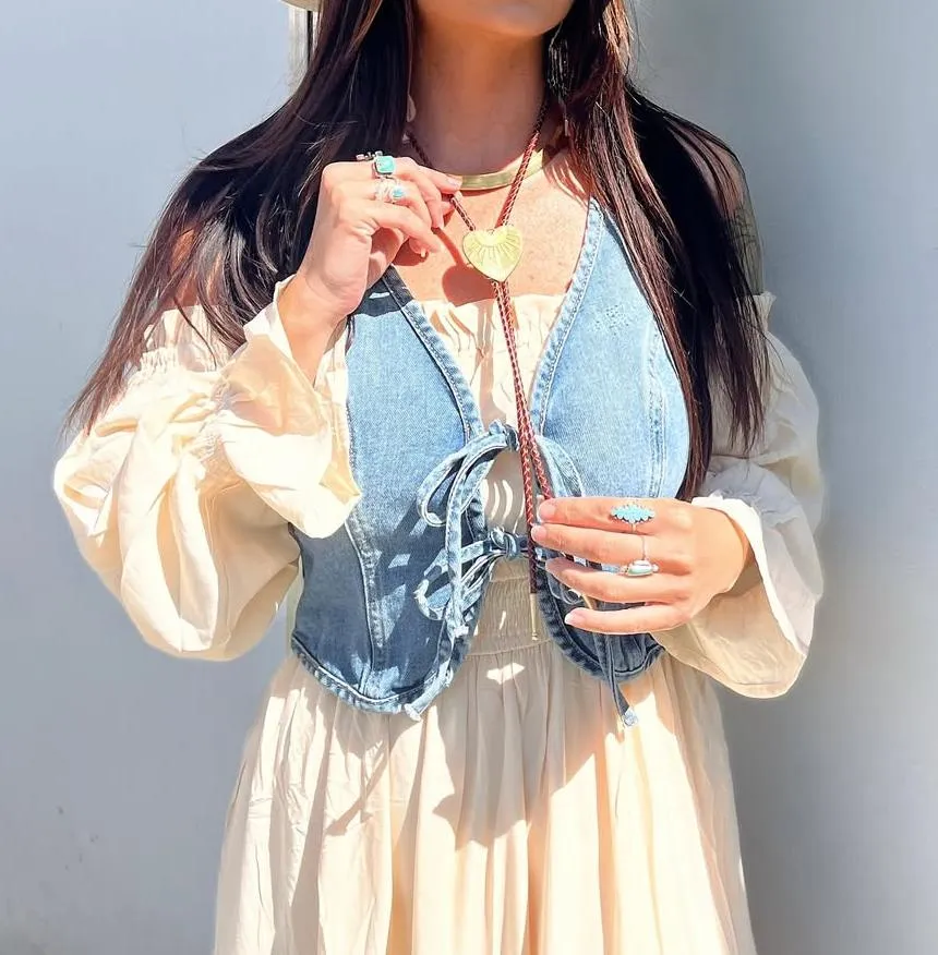 V Neck Lace-up Denim Vest