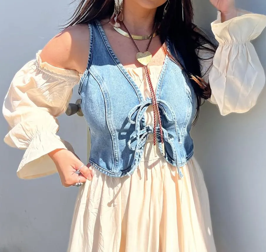 V Neck Lace-up Denim Vest