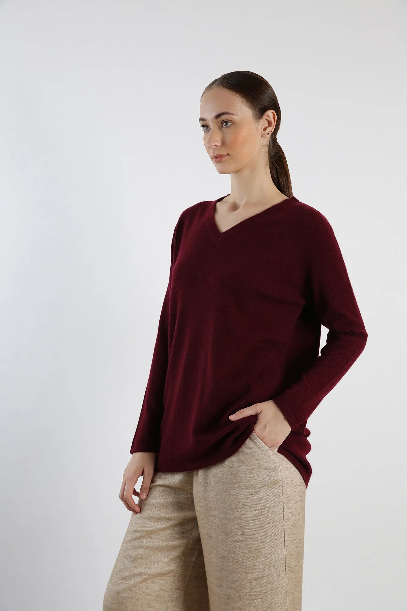 V-Neck Pure Cashmere Sweater - Maroon