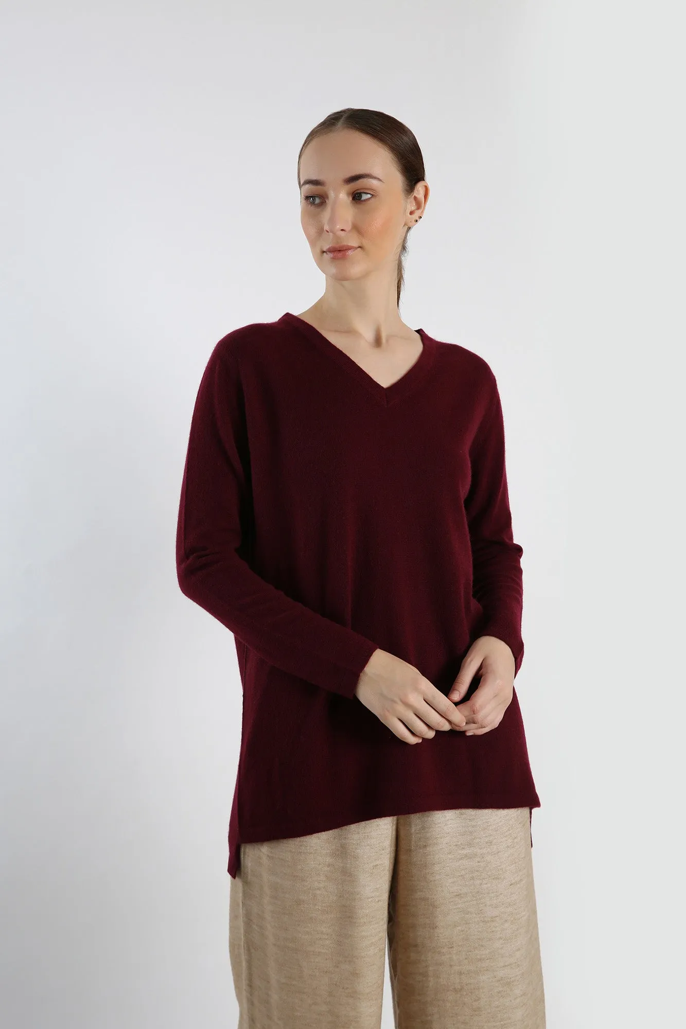 V-Neck Pure Cashmere Sweater - Maroon